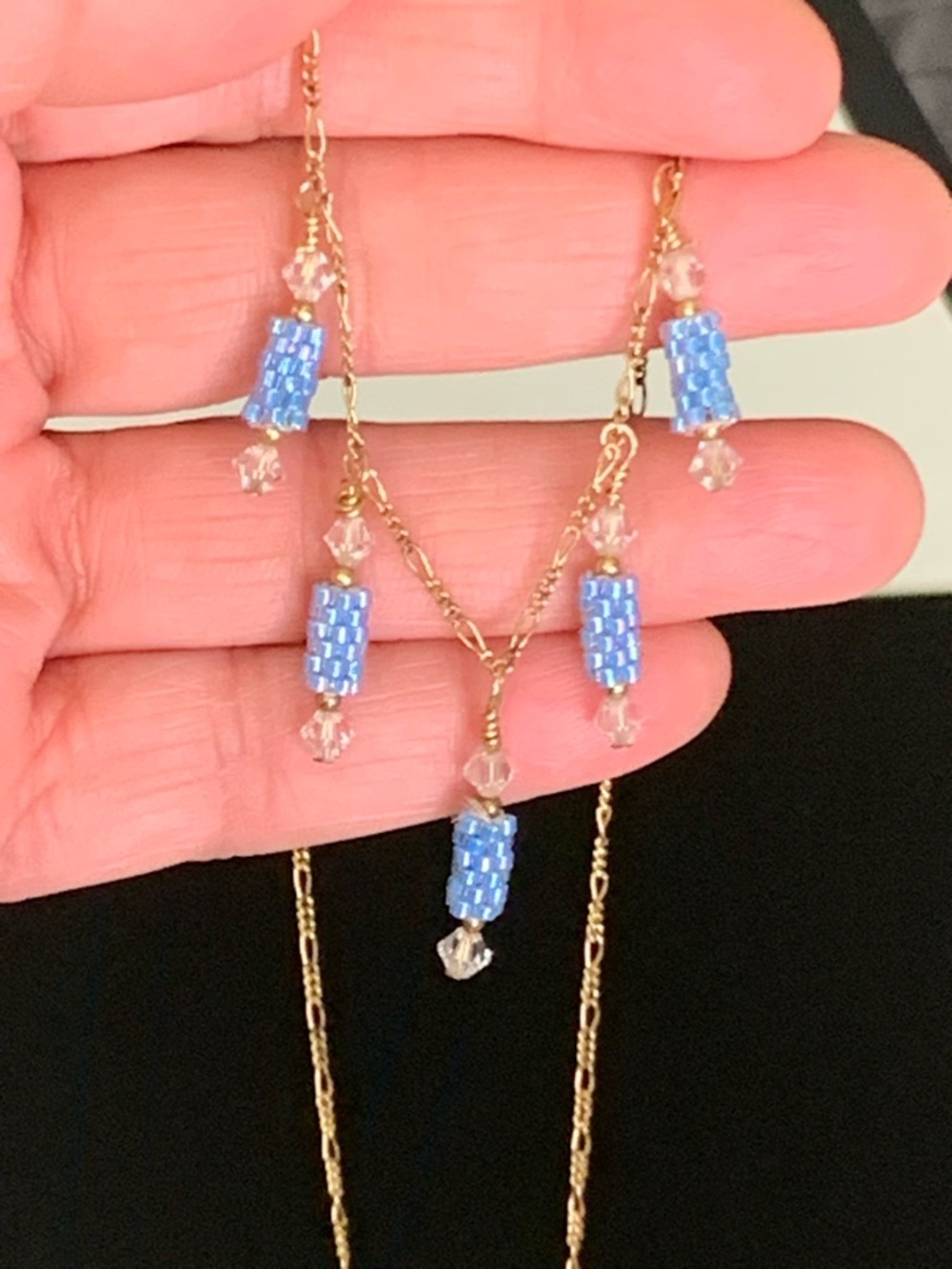 14k Gold-Filled Dainty Figaro Chain Necklace with Blue Beaded Charms